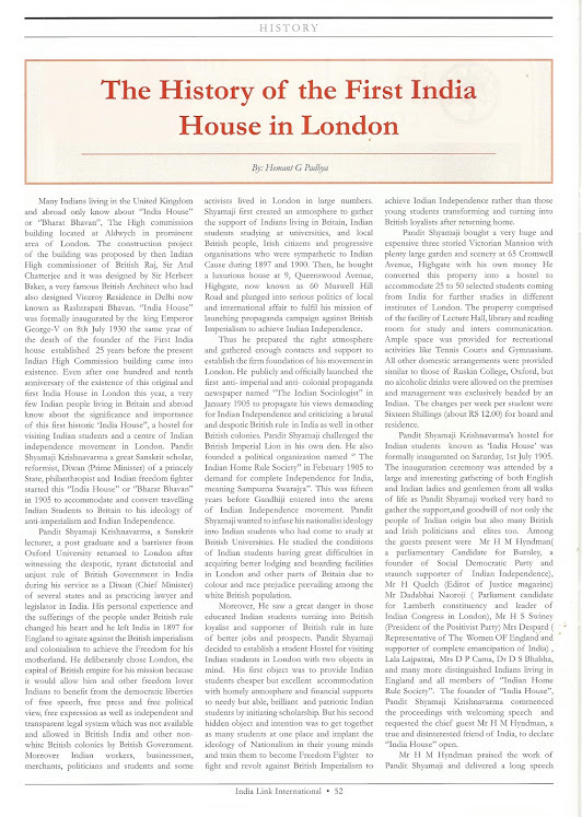 INDIA HOUSE ARTICLE IN INDIA LINK MAGAZINE LONDON 